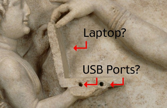 Girl Is Holding A Laptop In A 2500-Year-Old Greek Statue