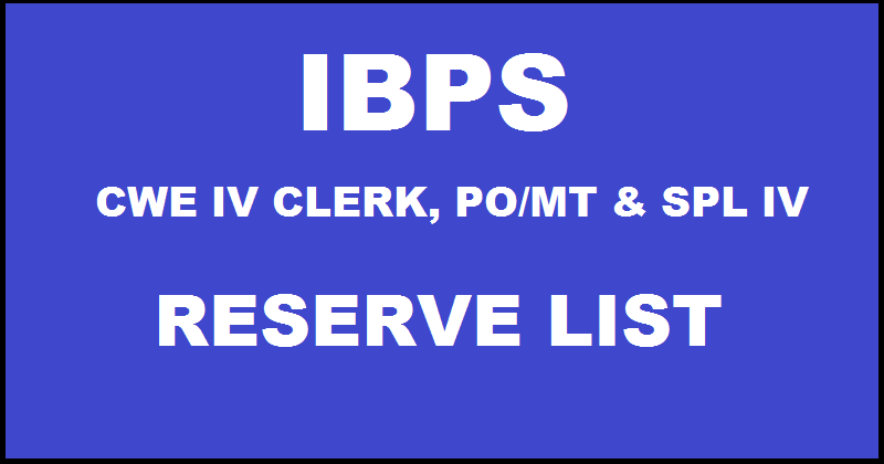 IBPS Reserve List For CWE IV Specialist Officer IV & PO/MT IV Declared @ www.ibps.in