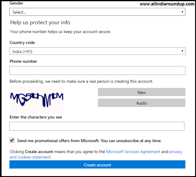 hotmail signup page details