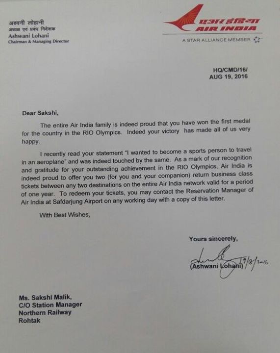 Air India letter to Sakshi Malik