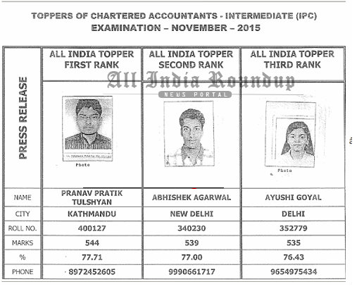 ICAI CA IPCC May 2016 Toppers List & Pass Percenatge With All India Rankers With Photos