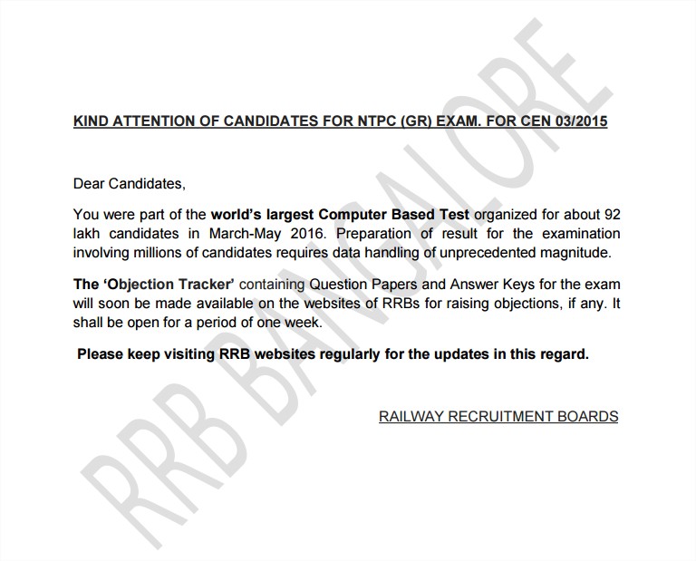 RRB NTPC results notification