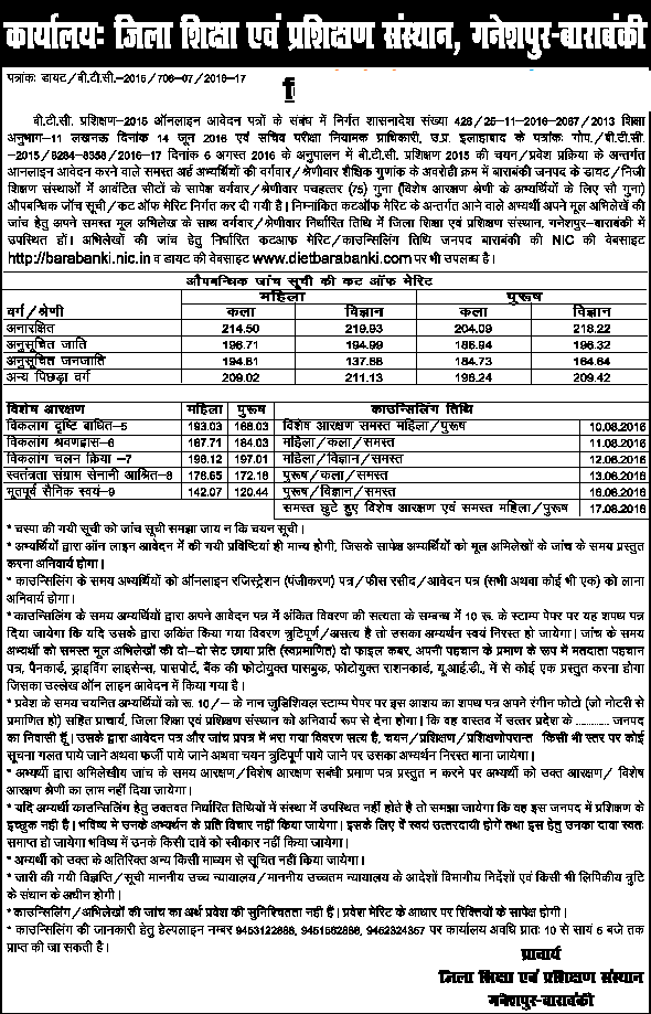 Check Cutoff List & Counselling Schedule For DIET Barabanki