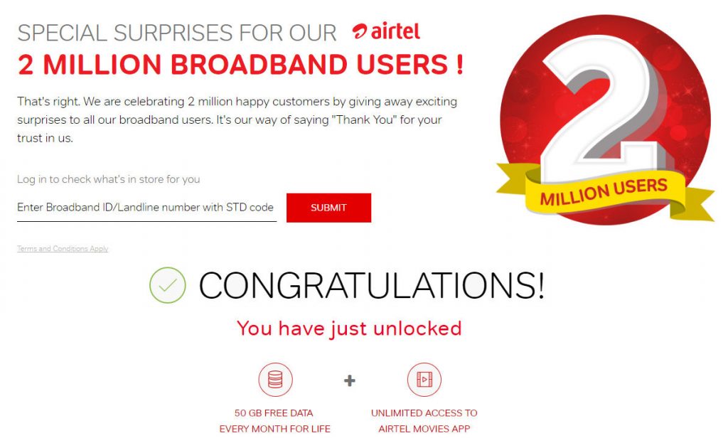 Airtel Offers Free Data to 2 Million Broadband Subscribers