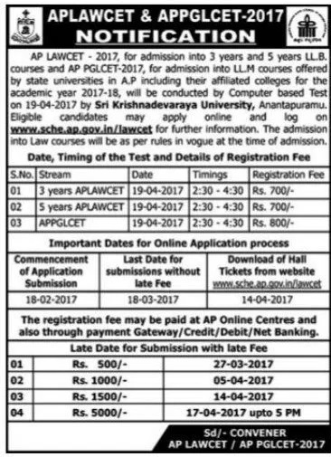 AP LAWCET & PGLCET Notification 2017