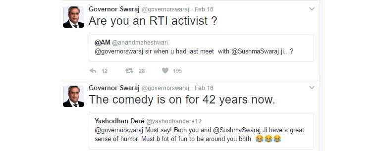 Governor Swaraj's Latest Responses On Twitter Proves That He's Nothing Less In Wit And Humour Compared To His Wife Sushma Swaraj,