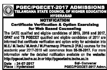 TS PGECET 2017 Counselling Dates Certificate Verification - Telangana PGCET Rank Wise Counselling Schedule