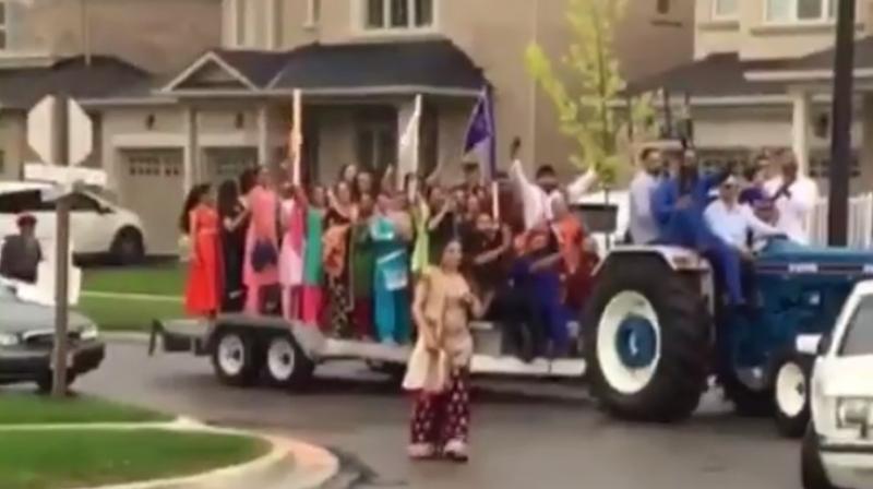 groom enters marriage place in tractor in canada