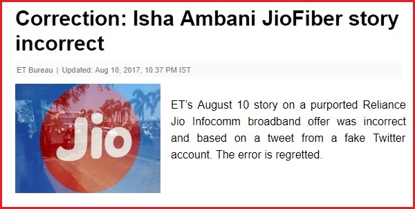 Isha Ambani Tweet Fake ET-correction