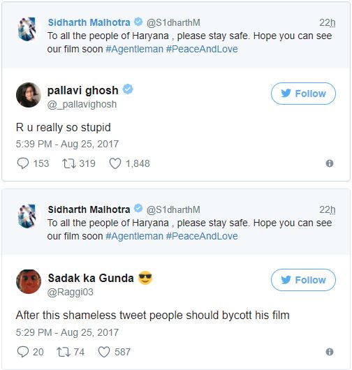 twitter reactions to sidharth malhotra tweet on haryana