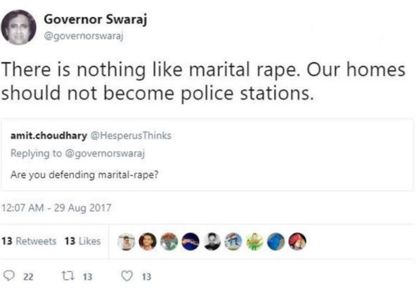 swaraj kaushal backlash on twitter for marital rape in india