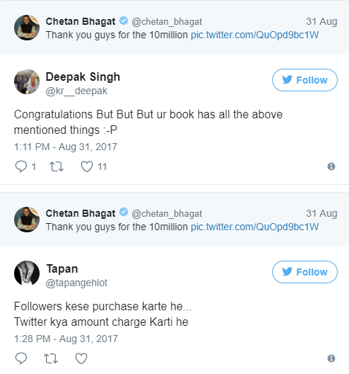 chetan bhagat trolled for 10 million followers tweet