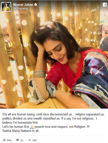 nusrat jahan reply to durga puja trolls