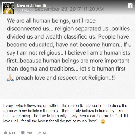 nusrat jahan reply to durga puja trolls on facebook