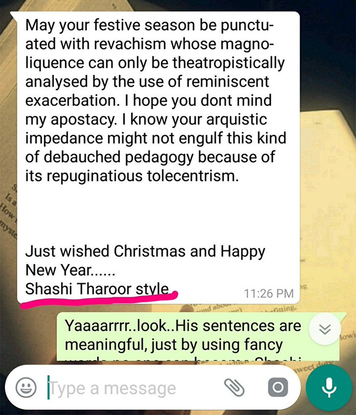 WhatsApp message imitating Shashi Tharoor