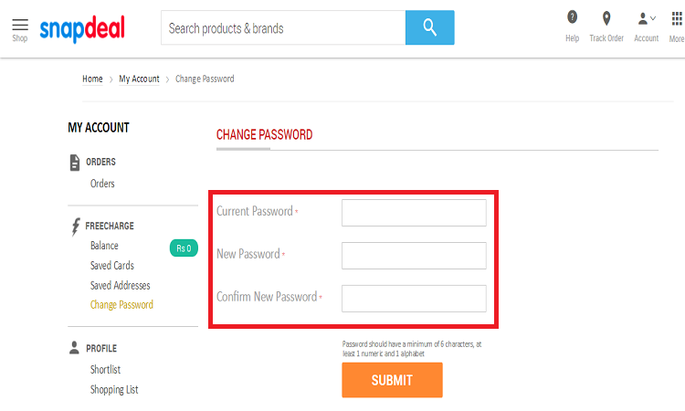 snapdeal password change