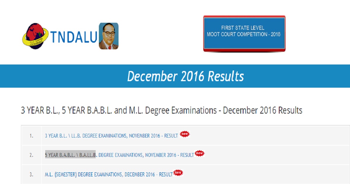 TNDALU Degree Results November 2017 Declared @ tndalu.ac.in For 3 YEAR B.L. \ LL.B & 5 YEAR B.A.B.L. \ B.A.LL.B
