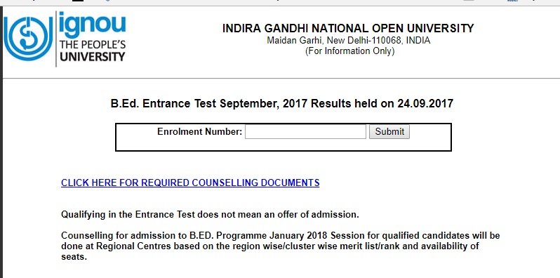 IGNOU BEd Entrance Exam Results Sept 2017 Declared @ www.ignou.ac.in