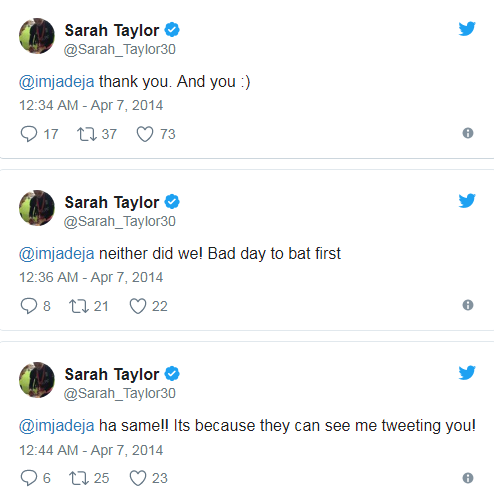 Sarah Taylor Ravindra Jedeja Twitter Conversation