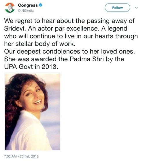 Congress party tweet on sridevi's death