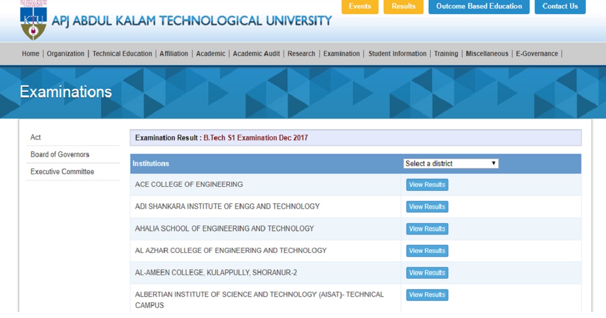 ktu.edu.in: KTU BTech 1st Sem S1 Results Dec 2017 Declared - APJ Abdul Kalam Technological University Result