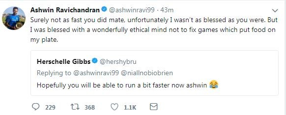 ashwin comments on herschelle gibbs on match fixing twitter