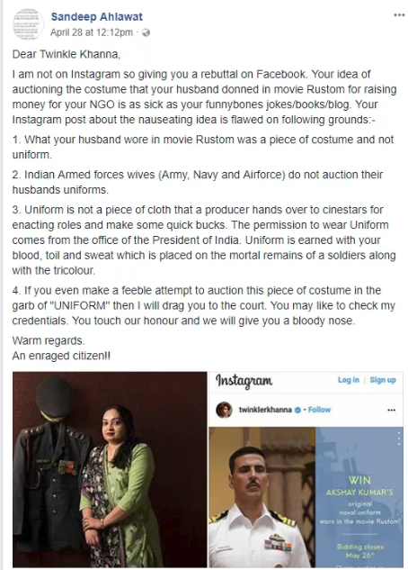 army man letter to akshay kumar on rustom uniform auctioning