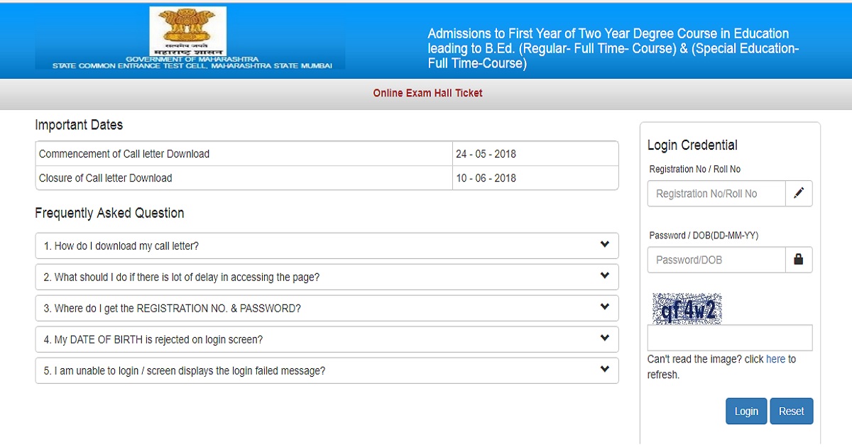 MAH B.ED CET Admit Card 2018 Hall Ticket For Maharashtra BED Entrance