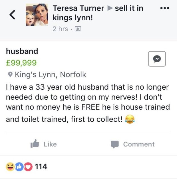Wife sells husband on facebook