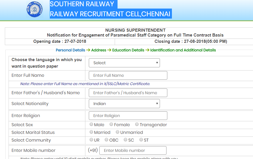 Southern Railway Recruitment 2018