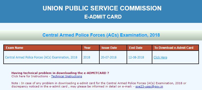 UPSC CAPF Admit Card 2018
