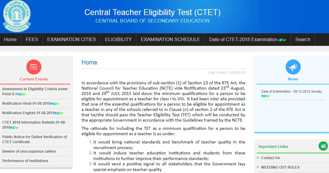 CTET 2018 Latest News Today