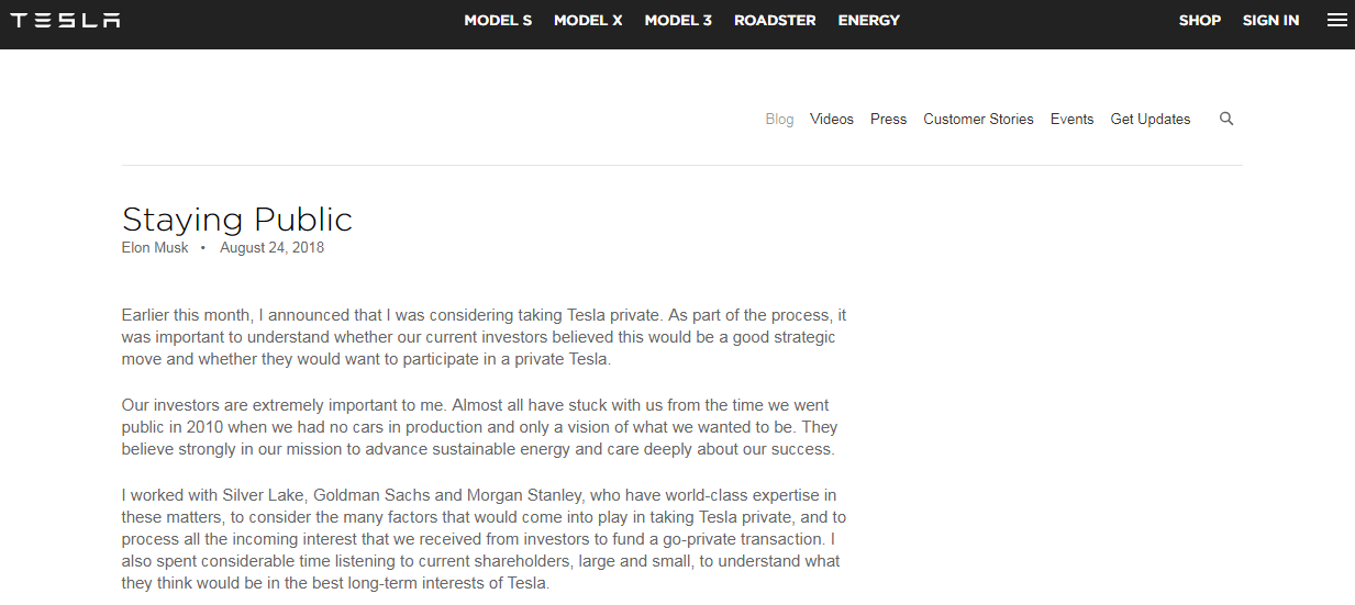 Elon Musk: I’m incredibly excited to continue leading Tesla as a public company