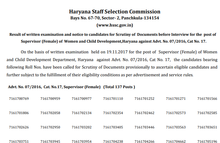 HSSC Female Supervisor Result 2018