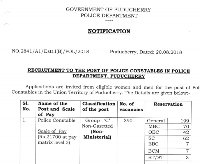 Puducherry Police Constable Recruitment 2018