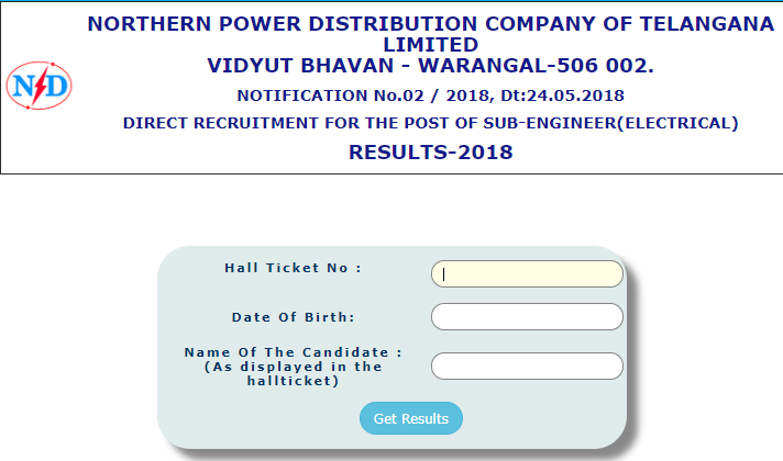 TSNPDCL Sub Engineer Result 2018