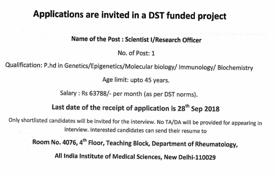 AIIMS New Delhi Scientist I/ Research Officer Recruitment 2018