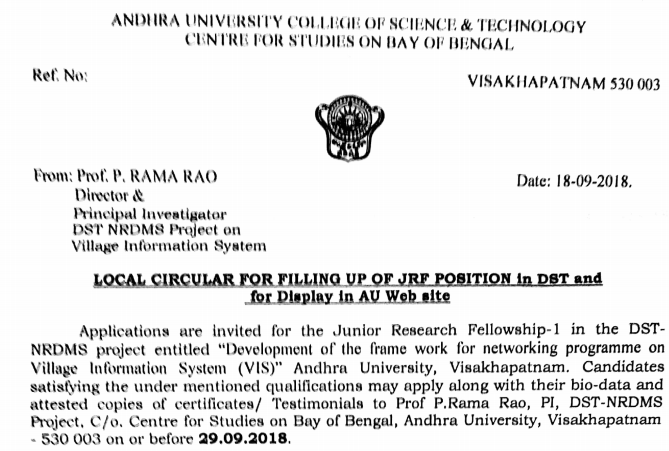 Andhra University Junior Research Fellow Recruitment 2018