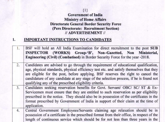 BSF SI Recruitment 2018