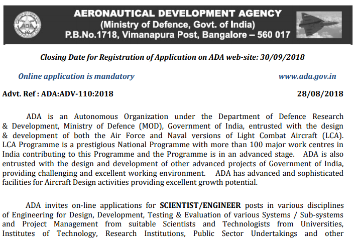 DRDO ADA Recruitment 2018