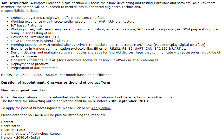 IIT Kanpur Project Engineer Recruitment 2018