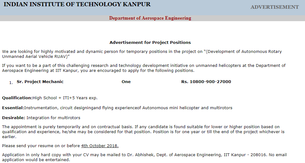 IIT Kanpur Senior Project Mechanic Recruitment 2018