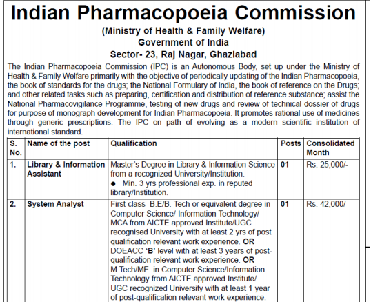 Indian Pharmacopoeia Commission Recruitment 2018