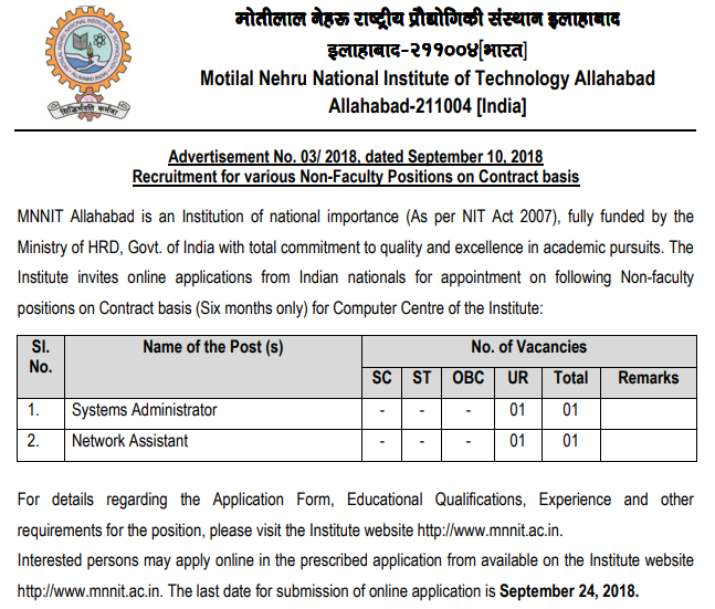MNNIT Allahabad System Admin & Network Assistant Recruitment 2018