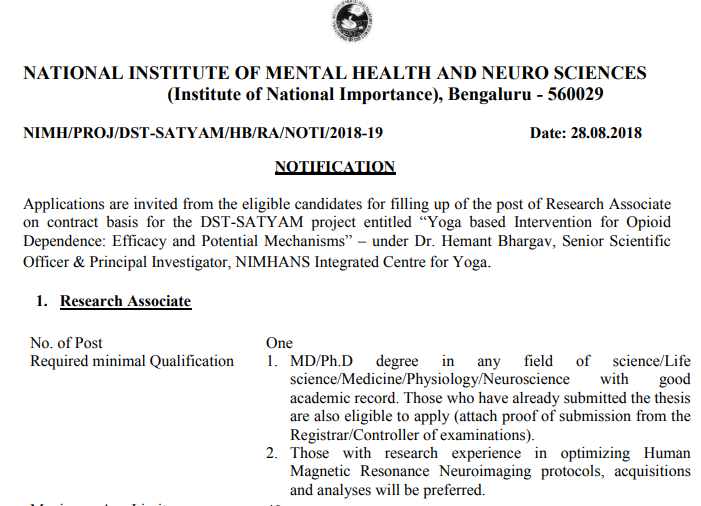 NIMHANS Field Assistant Recruitment 2018