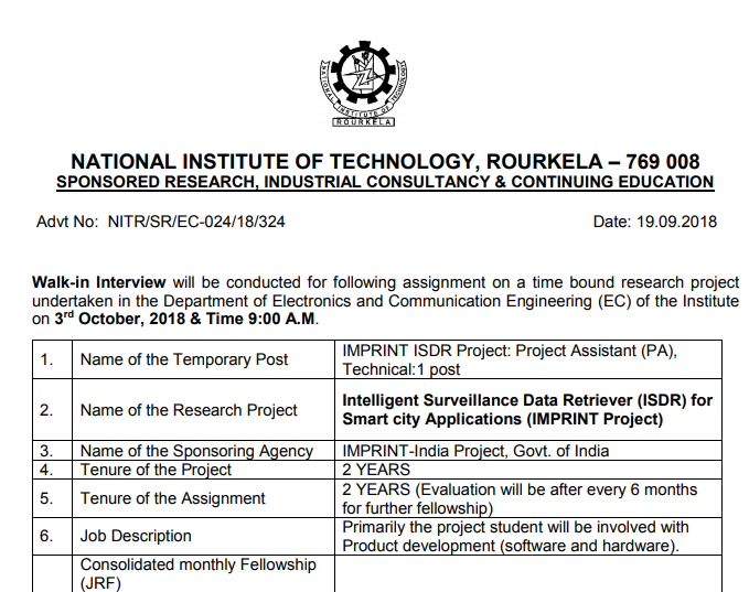 NIT Rourkela Project Assistant Recruitment 2018: 1 Vacancy Notification PDF