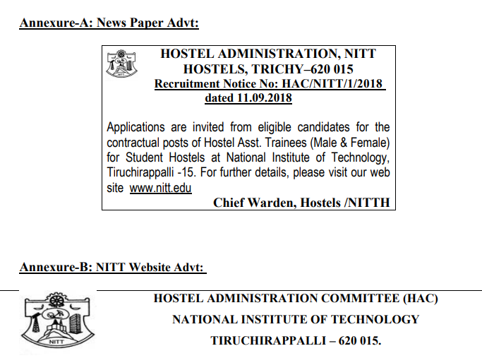 NIT Tiruchirappalli Hostel Assistant Trainees Recruitment 2018