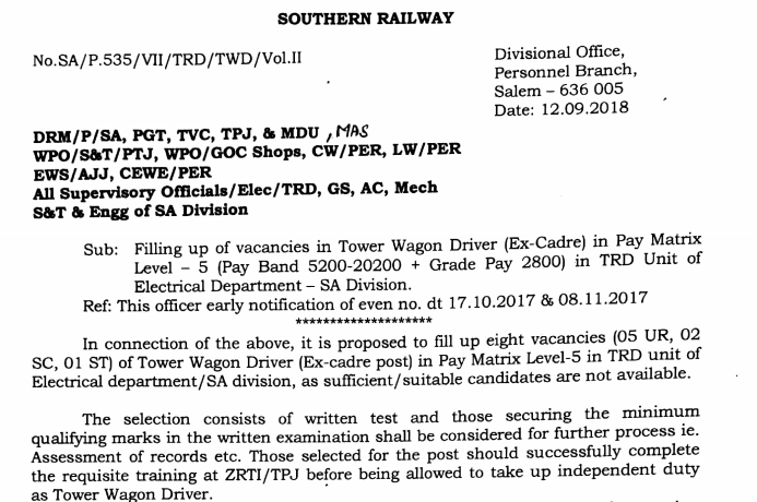 Southern Railway Tower Wagon Driver Recruitment 2018