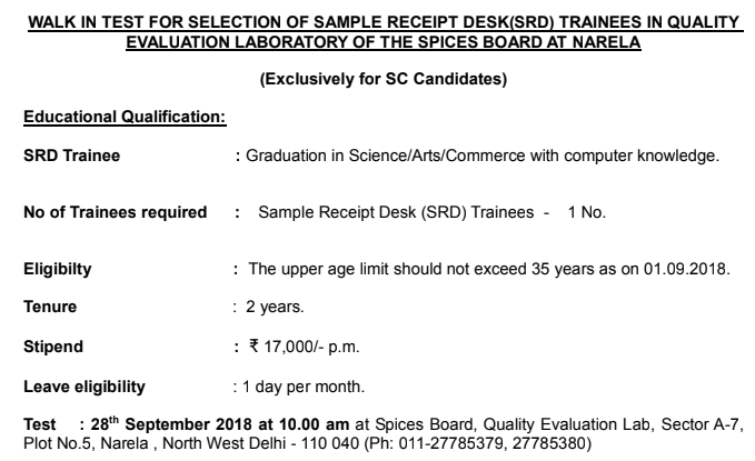 Spices Board SRD Trainee (SC Candidates) – 1 Post Recruitment 2018