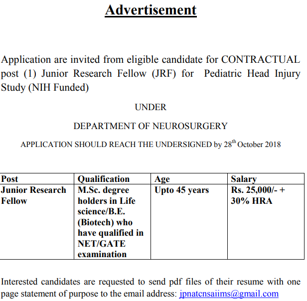 AIIMS New Delhi JRF Recruitment 2018-2019